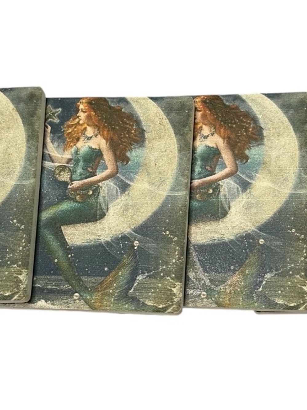 Mermaid on the Moon Stone Coasters in Teal and Cream Vtg Style - Picture 3 of 6